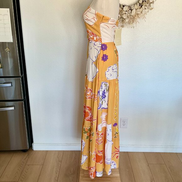 🦀 SABO Aliza Assymmetrical Cut-Out Fit and Flare Maxi Dress Ciao Yellow Print S - Picture 8 of 16